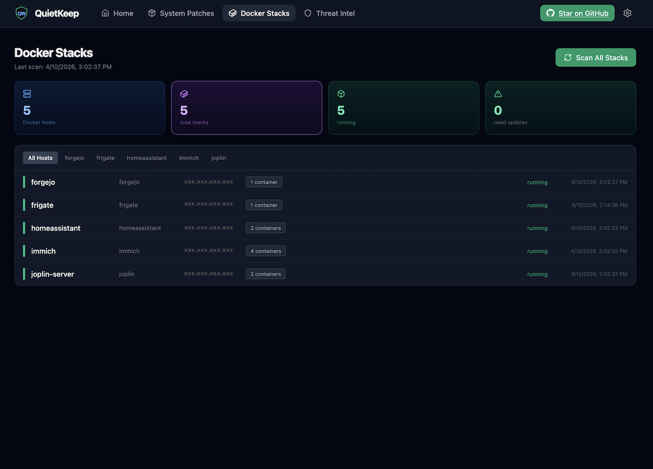 QuietKeep Docker stacks view showing discovered stacks and available image updates