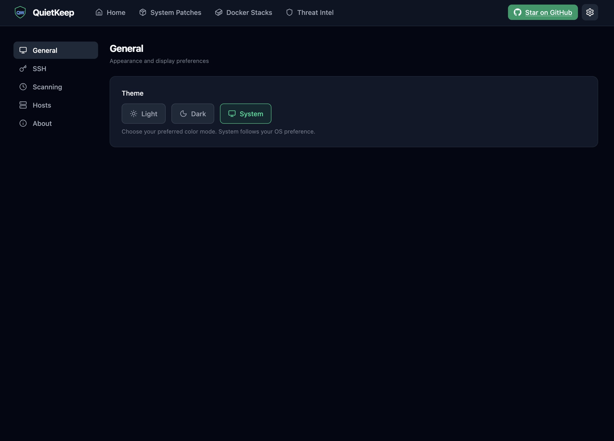 QuietKeep settings page for SSH configuration and scan intervals