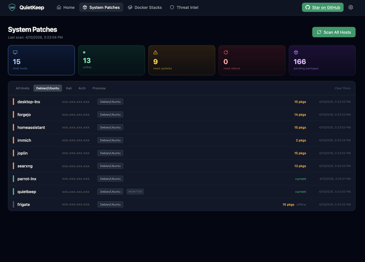 QuietKeep system patches view showing available updates per host