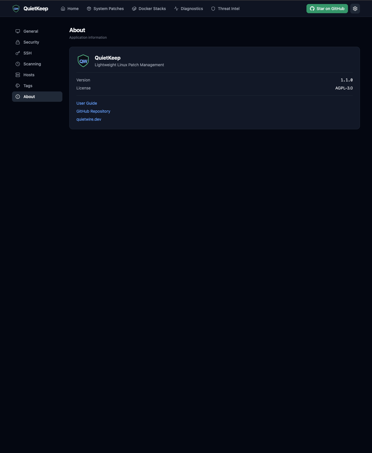 QuietKeep About page showing version 1.1.0 and AGPL-3.0 license