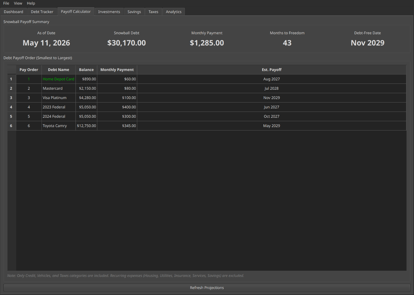 QuietLedger payoff calculator with snowball projections