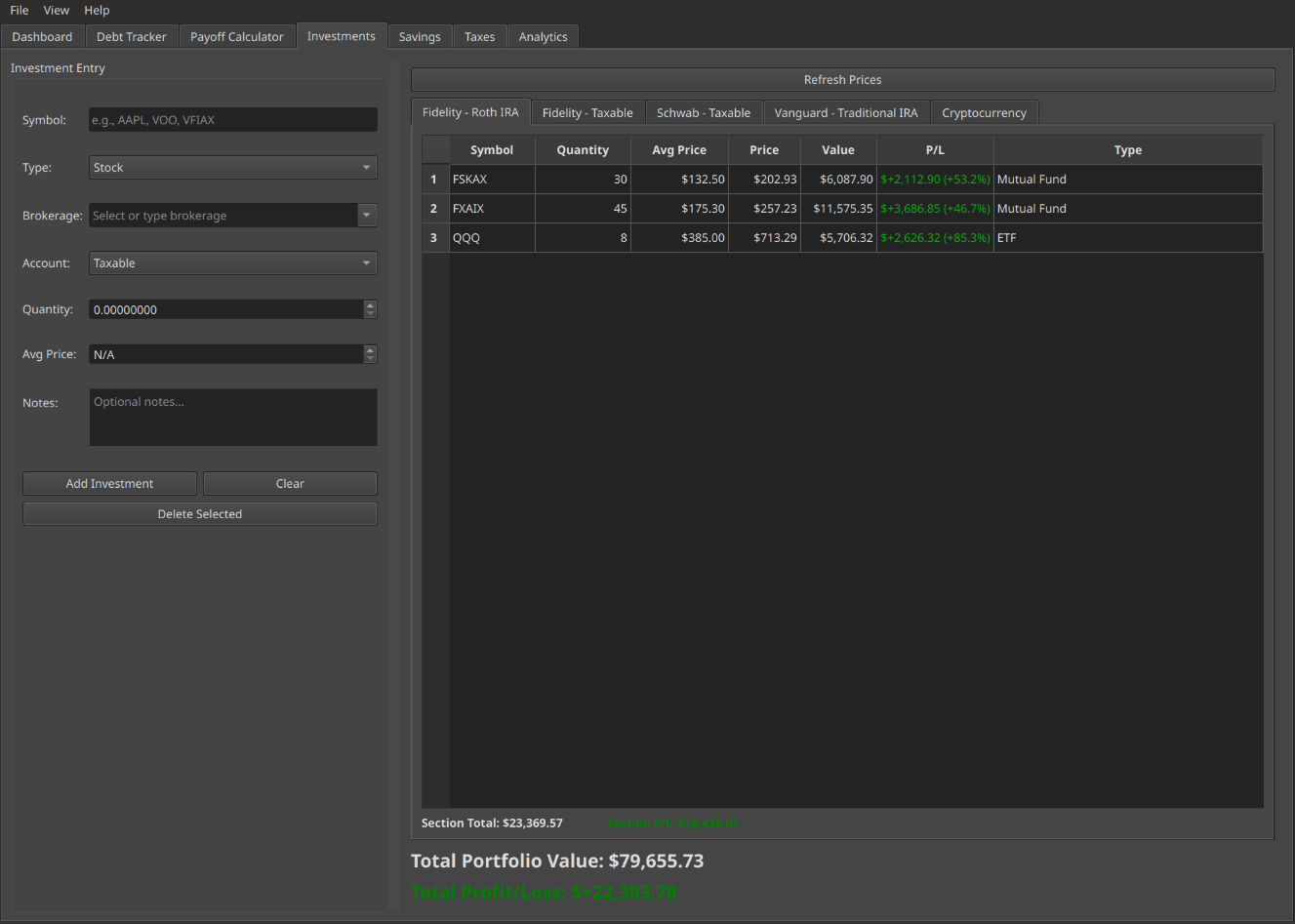 QuietLedger investment tracker with live prices and profit/loss