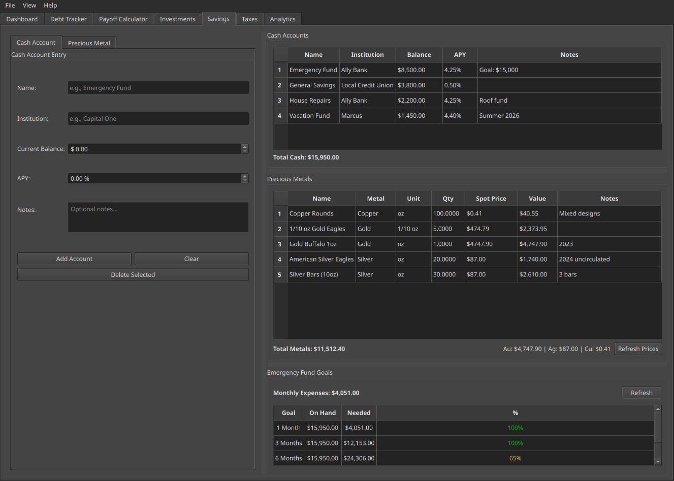 QuietLedger savings tracker with precious metals