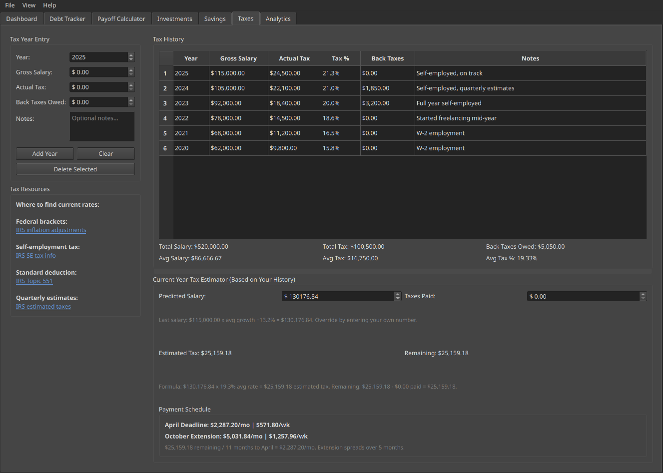 QuietLedger tax history and estimator