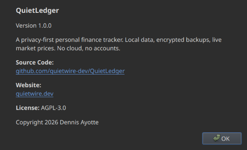 QuietLedger about dialog showing version and license