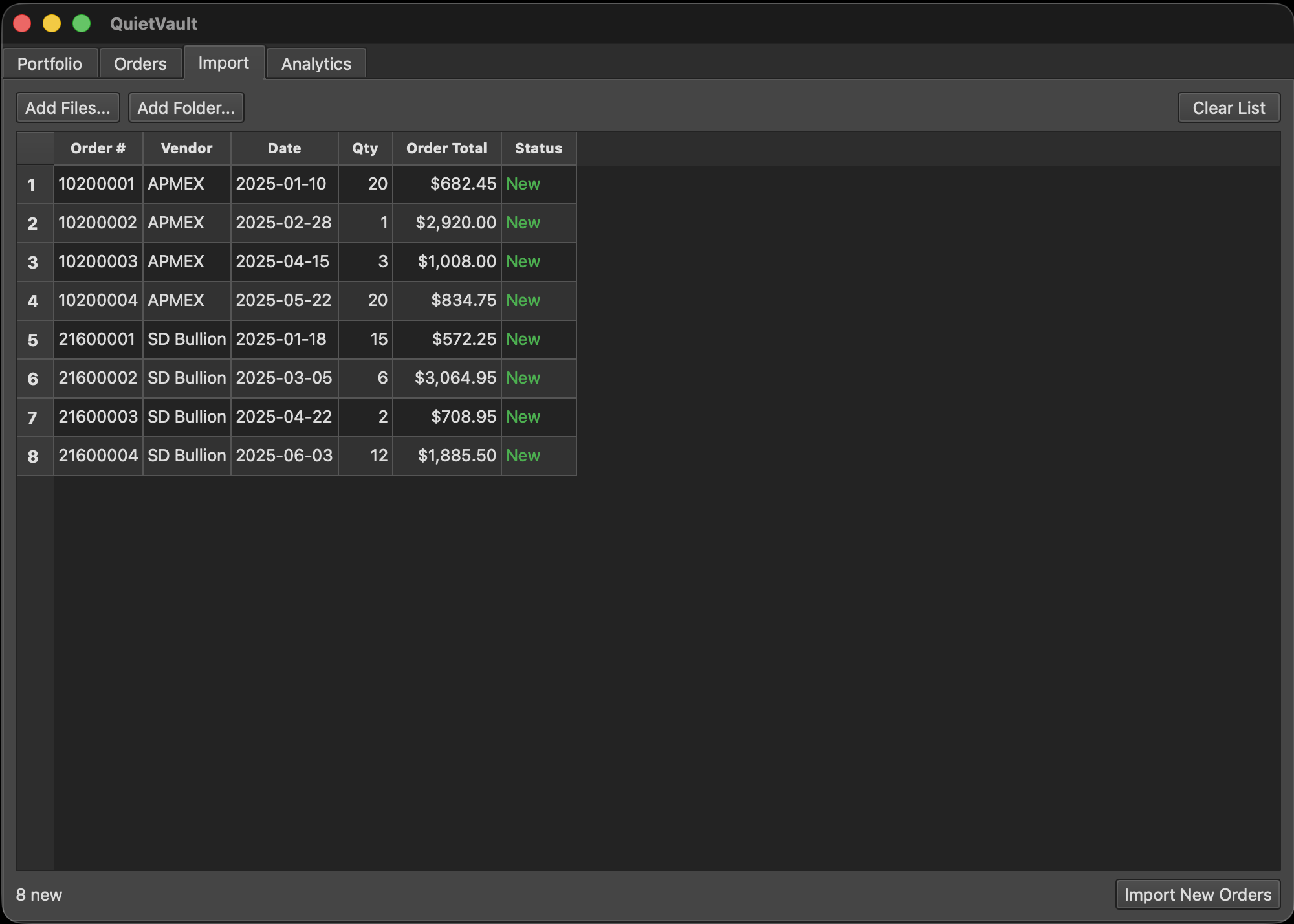 QuietVault import tab showing parsed PDF invoices ready to import
